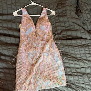 Elegant Pink and Blue Lace Dress